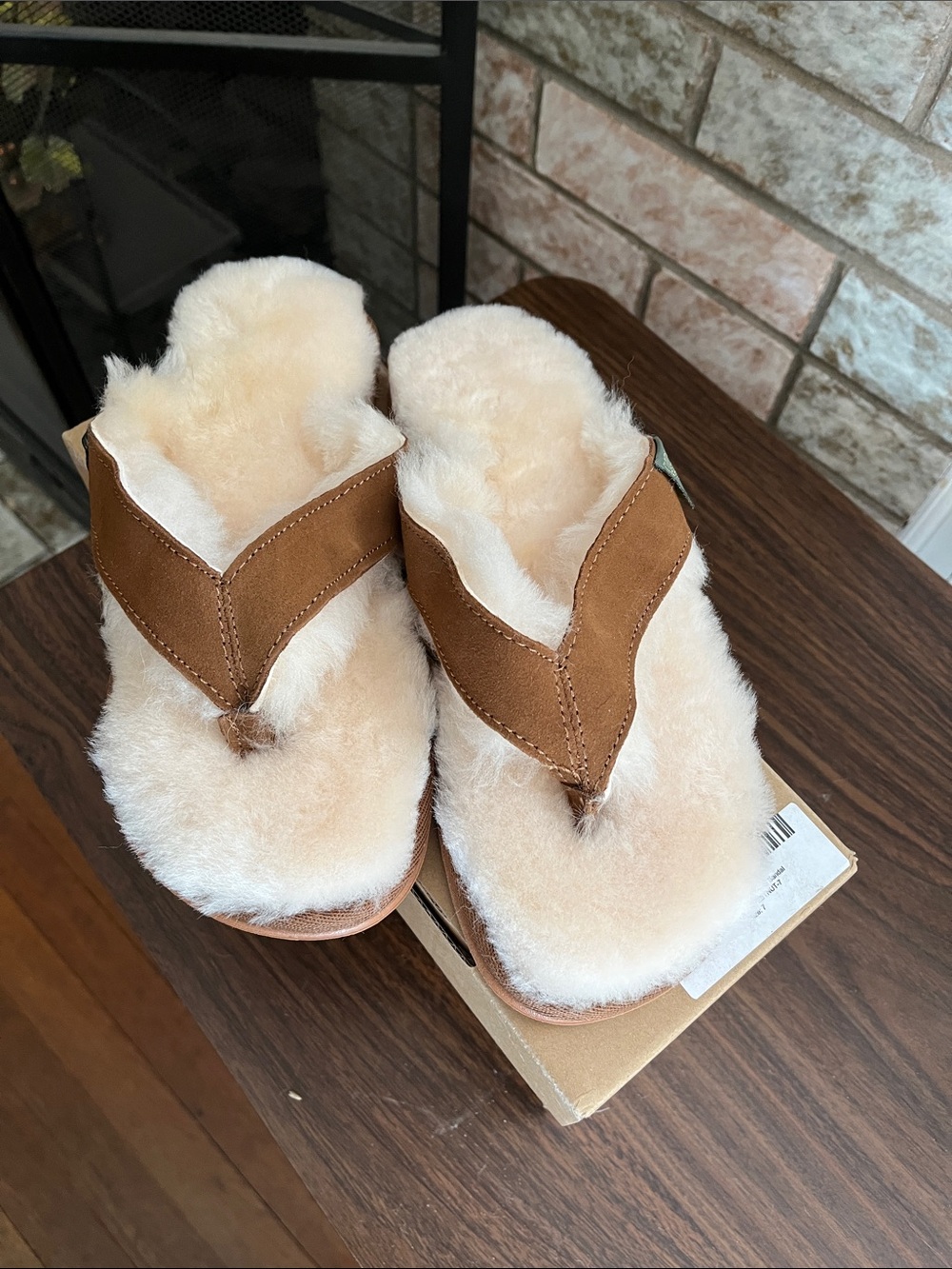 Plush Shearling Flip-Flop Slippers in Cream and Brown